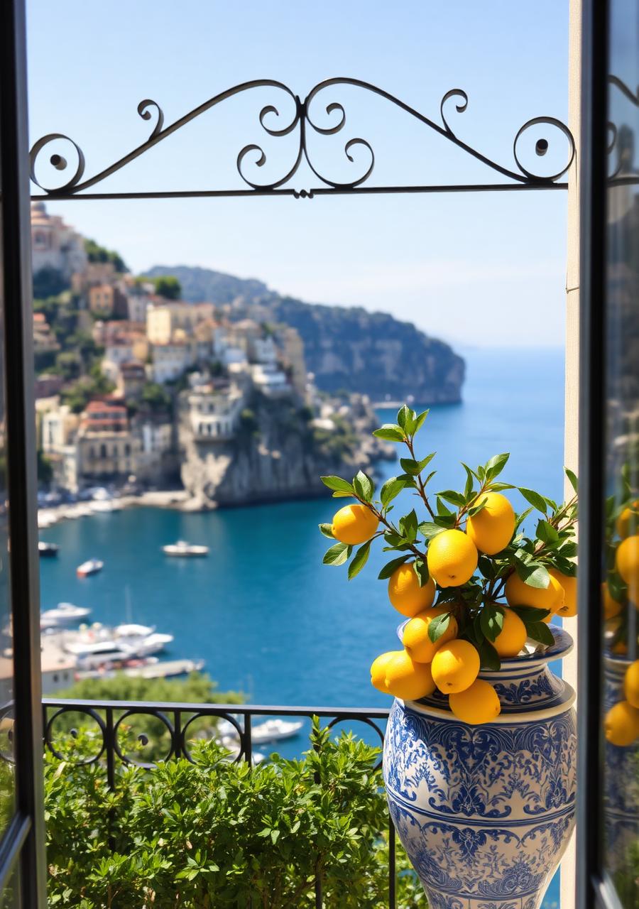 Vista sulla Costiera Amalfitana da un balcone con vaso di maiolica e limoni